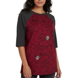 LuLaRoe Randy Raglan Top 3/4 Sleeves Red Floral with Charcoal Sleeves – Size L